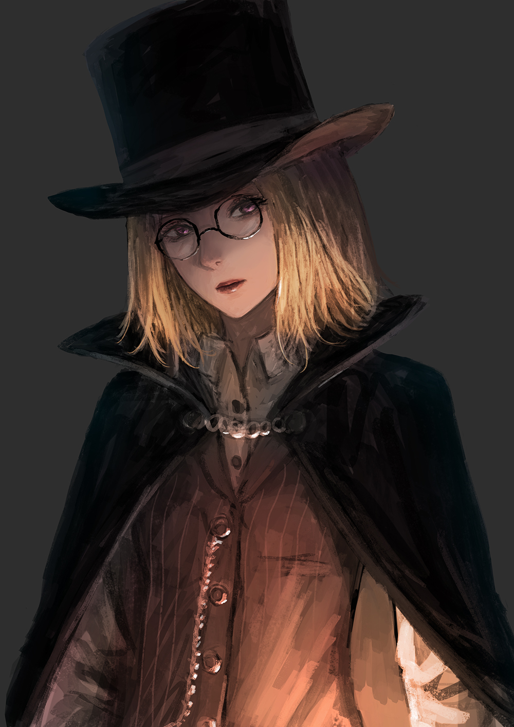 1girl blonde_hair bloodborne cape chain collar glasses grey_background hat highres hunter_(bloodborne) menka top_hat violet_eyes