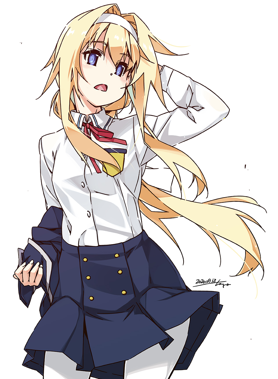 1girl alice_zuberg bangs blonde_hair blue_eyes bow cowboy_shot dated eyebrows_visible_through_hair facing_viewer hairband highres long_hair open_mouth pantyhose red_bow school_uniform shikei shirt solo sword_art_online sword_art_online:_alicization white_background white_hairband white_legwear white_shirt wind