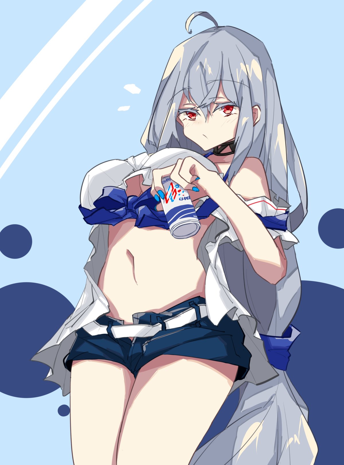1girl ahoge arknights bangs bare_shoulders blue_shorts commentary eyebrows_visible_through_hair feet_out_of_frame highres long_hair looking_at_viewer navel no_hat no_headwear off-shoulder_shirt off_shoulder red_eyes shirt short_shorts shorts silver_hair skadi_(arknights) solo thighs very_long_hair white_shirt yamasemi_(yy8023)