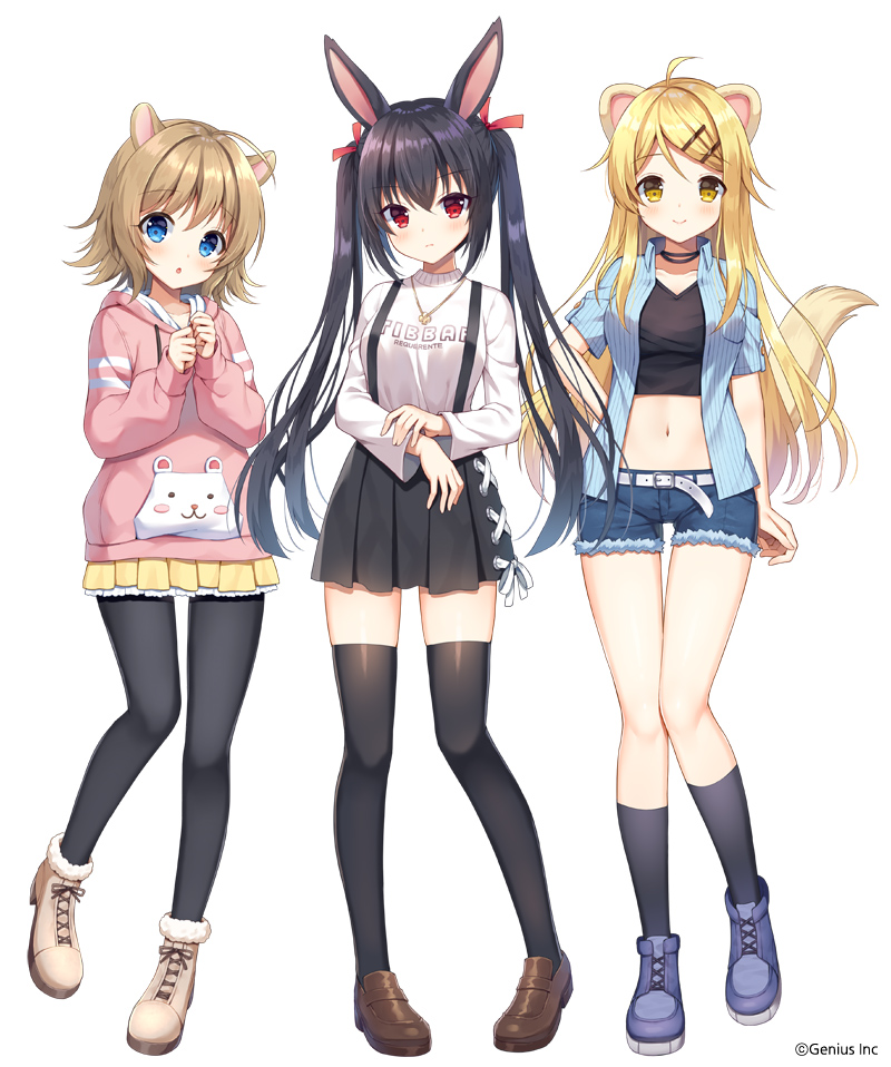 3girls :o ahoge animal_ears bangs black_hair black_legwear black_shirt black_skirt blonde_hair blue_footwear blue_jacket blue_shorts blush boots brown_eyes brown_footwear brown_hair closed_mouth commentary_request crop_top cutoffs eyebrows_visible_through_hair ferret_ears ferret_tail full_body fur-trimmed_boots fur_trim hair_between_eyes hair_ornament hair_ribbon hairclip hamster_ears hand_on_hip hood hood_down hoodie jacket kneehighs loafers long_sleeves mauve multiple_girls navel open_clothes open_jacket original pantyhose parted_lips pink_hoodie pleated_skirt rabbit_ears red_eyes red_ribbon ribbon shirt shoes short_shorts short_sleeves shorts simple_background skirt smile standing suspender_skirt suspenders tail_raised thigh-highs twintails vertical-striped_jacket white_background white_shirt yellow_skirt