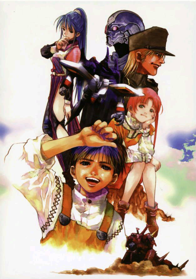 1990s_(style) character_name character_request clouds damaged dress dust hat looking_at_viewer mecha military military_uniform multiple_boys multiple_girls nataruma official_art official_style oldschool orguss orguss_02 orguss_02_(mecha) overalls production_art promotional_art riin_(orguss_02) robot scan science_fiction spikes toria_(orguss_02) traditional_media uniform