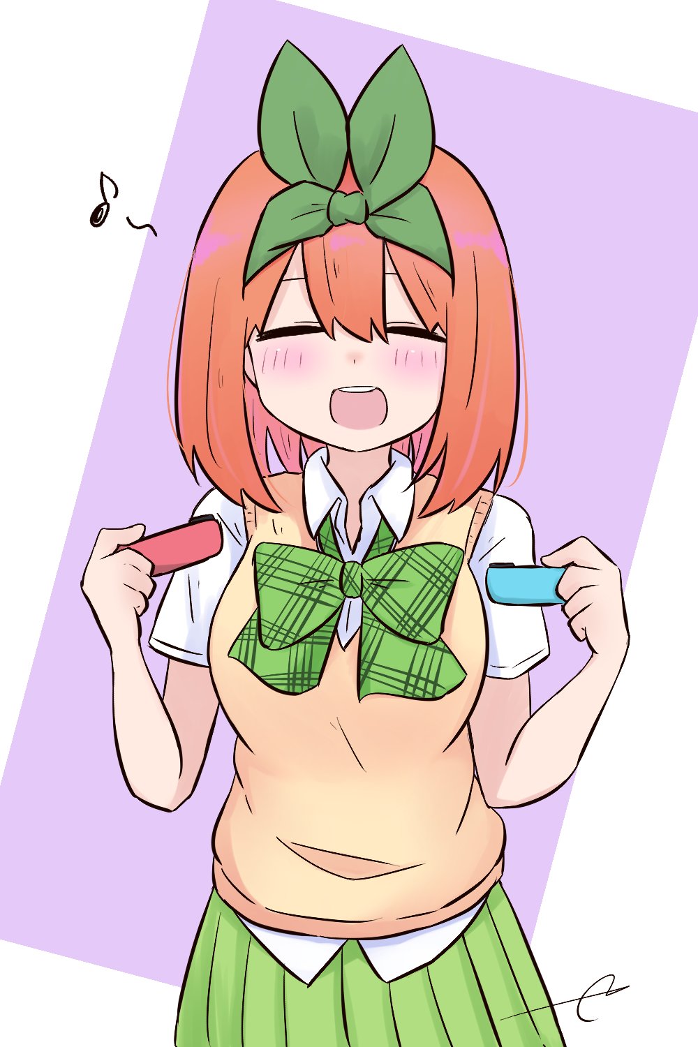 1girl :d ^_^ bangs blush bow closed_eyes collared_shirt commentary_request eighth_note eyebrows_behind_hair facing_viewer go-toubun_no_hanayome green_bow green_ribbon green_skirt hair_between_eyes hair_ribbon hands_up highres holding kujou_karasuma musical_note nakano_yotsuba open_mouth orange_hair pleated_skirt purple_background ribbon shirt short_sleeves signature skirt smile solo sweater_vest two-tone_background upper_teeth white_background white_shirt