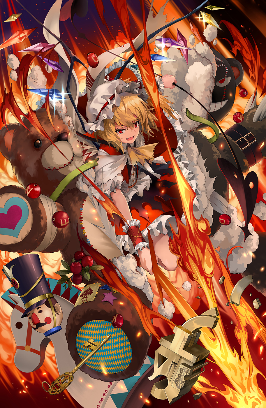 1girl argyle ascot bandages blonde_hair broken commentary_request fang fire flaming_sword flaming_weapon flandre_scarlet hat heart highres key laevatein mob_cap neko_(yanshoujie) open_mouth red_eyes short_sleeves spade_(shape) stuffed_animal stuffed_toy teddy_bear touhou toy toy_horse toy_soldier white_headwear wings wrist_cuffs yellow_neckwear