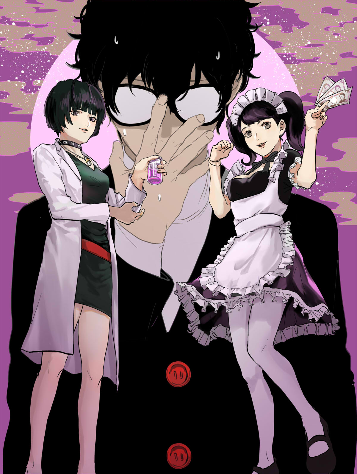 1boy 2girls :d adjusting_eyewear amamiya_ren apron bangs black-framed_eyewear black_dress black_eyes black_hair black_shirt black_skirt blunt_bangs collar dress frilled_apron frilled_skirt frills full_moon glasses hanimo0404 highres holding jewelry kawakami_sadayo labcoat long_hair looking_at_viewer maid maid_headdress miniskirt moon multiple_girls necklace open_mouth pantyhose persona persona_5 shiny shiny_hair shirt short_dress short_hair short_sleeves shuujin_academy_uniform skirt smile spiked_collar spikes sweatdrop sweater takemi_tae turtleneck turtleneck_sweater twintails white_apron white_legwear white_sweater