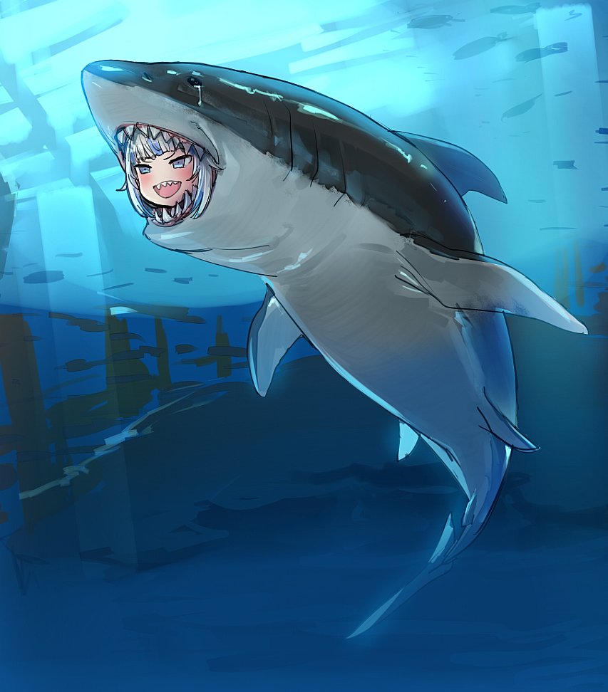 1girl :d blue_eyes blue_hair bow_(bhp) commentary gawr_gura hololive hololive_english multicolored_hair open_mouth shark sharp_teeth smile solo streaked_hair tears teeth two-tone_hair underwater virtual_youtuber what white_hair