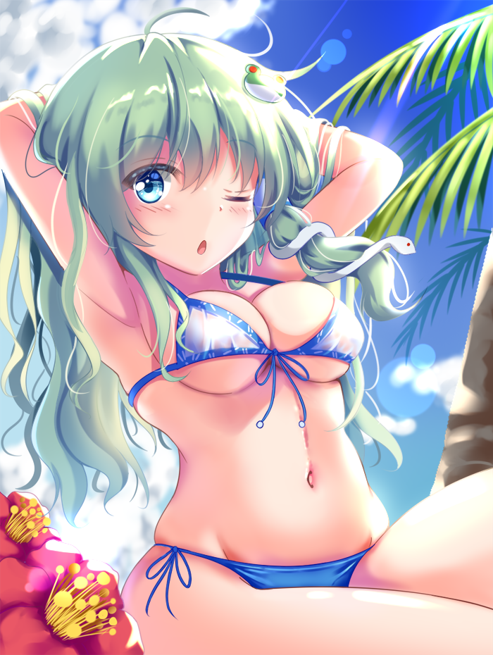 1girl armpits arms_behind_head bikini blue_eyes breasts chestnut_mouth clouds cloudy_sky cowboy_shot flower frog_hair_ornament front-tie_top green_hair hair_ornament hibiscus kochiya_sanae long_hair medium_breasts messy_hair midriff navel one_eye_closed open_mouth outdoors palm_tree side-tie_bikini sky snake_hair_ornament solo swimsuit thighs touhou tree unory