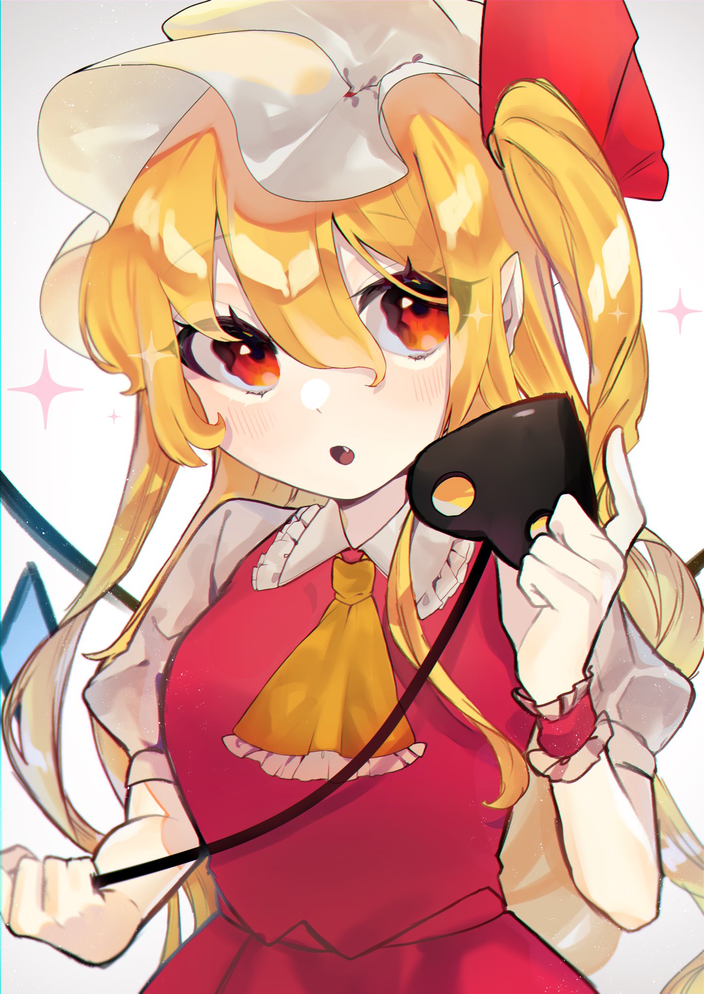 1girl ascot bangs blonde_hair blush fang flandre_scarlet gradient gradient_background grey_background hair_between_eyes hat highres holding kappa_mame laevatein looking_at_viewer medium_hair mob_cap open_mouth puffy_short_sleeves puffy_sleeves red_eyes red_vest short_sleeves side_ponytail solo touhou upper_body vest wings