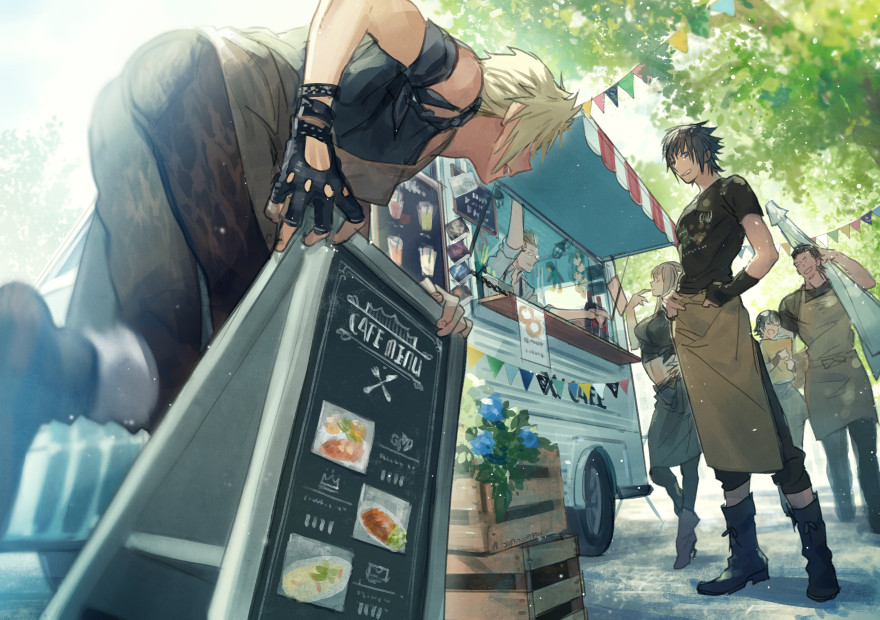 2girls 4boys alternate_costume apron aranea_highwind black_hair blonde_hair boots brother_and_sister brown_hair carrying final_fantasy final_fantasy_xv food_stand gladiolus_amicitia gloves high_heels holding ignis_scientia iris_amicitia midriff multiple_boys multiple_girls noctis_lucis_caelum open_mouth outdoors p-nekor prompto_argentum short_hair siblings smile spiky_hair waist_apron