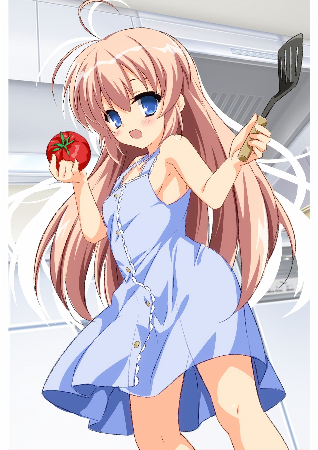 1girl antenna_hair armpits arms_up asagi_nanami blue_dress blue_eyes blush brown_hair child dress hajimete_no_orusuban highres indoors kitchen long_hair mizuki_shiori official_art smile solo spatula sundress tomato