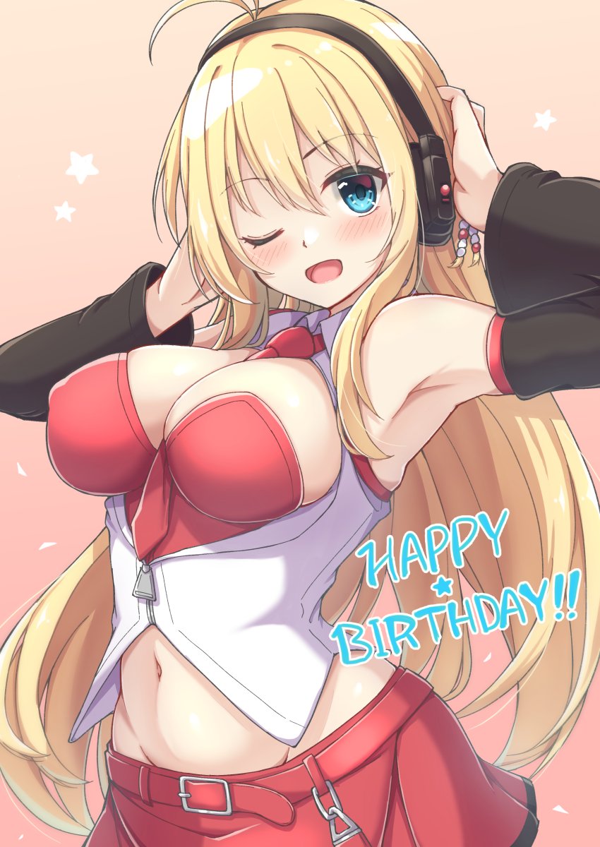 1girl antenna_hair b.c beads belt black_sleeves blonde_hair blue_eyes blush breast_cutout breasts commentary crop_top detached_sleeves framed_breasts hair_beads hair_ornament hands_on_head hands_on_own_head happy_birthday headphones highres large_breasts long_hair looking_at_viewer midriff miniskirt navel one_eye_closed open_mouth pink_background red_skirt shirt skirt sleeveless sleeveless_shirt smile solo star_(symbol) tsurumaki_maki voiceroid white_shirt