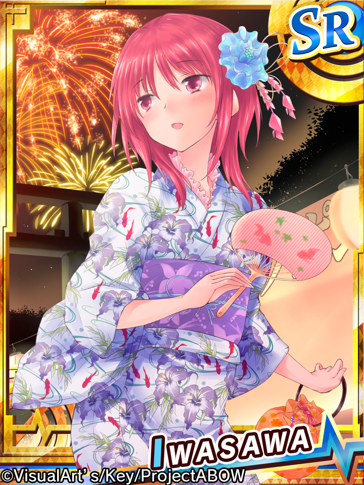 1girl angel_beats! bangs blush breasts character_name commentary_request eyebrows_visible_through_hair fan fireworks holding holding_fan iwasawa japanese_clothes long_hair multicolored multicolored_clothes official_art open_mouth red_eyes redhead sidelocks solo