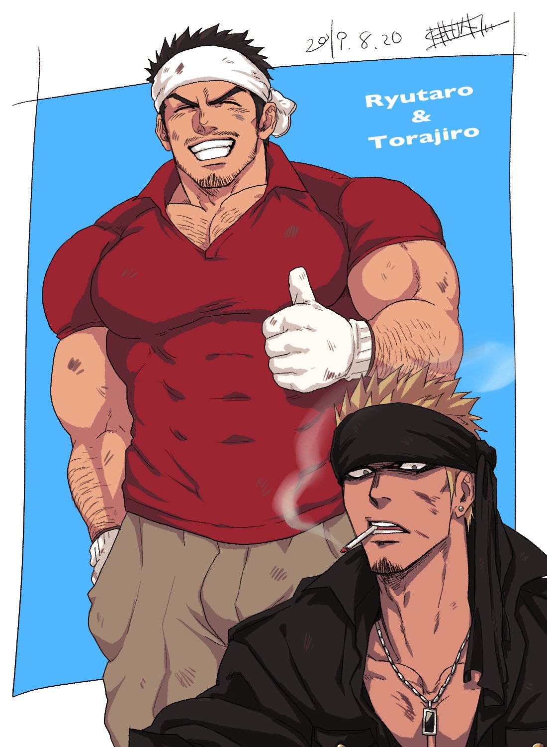 2boys bara body_hair bulge character_name chest chest_hair chun_(luxtan) cigarette covered_abs cowboy_shot english_text facial_hair gloves headband highres male_focus manly multiple_boys muscle navel open_clothes original pectorals red_shirt shirt short_hair smoking stubble thumbs_up unbuttoned unbuttoned_shirt upper_body