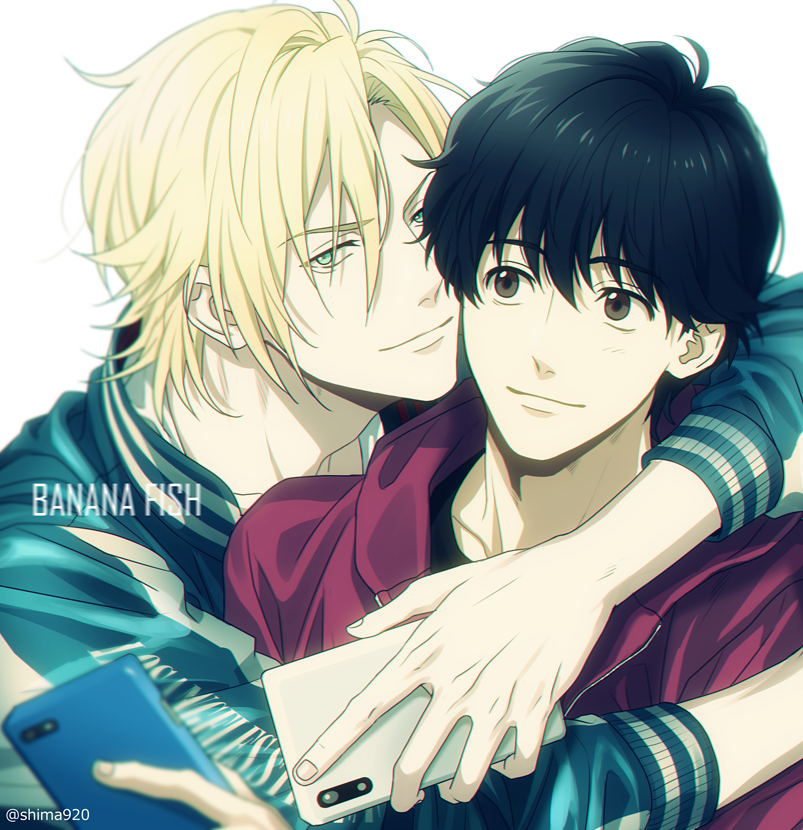 2boys ash_lynx banana_fish bangs black_hair blonde_hair blurry brown_eyes cellphone closed_mouth clothes_writing commentary_request copyright_name couple depth_of_field green_eyes green_jacket grey_background holding holding_phone hug jacket looking_at_another looking_at_viewer male_focus mashima_shima multiple_boys okumura_eiji phone red_jacket short_hair simple_background smartphone smile twitter_username upper_body yaoi