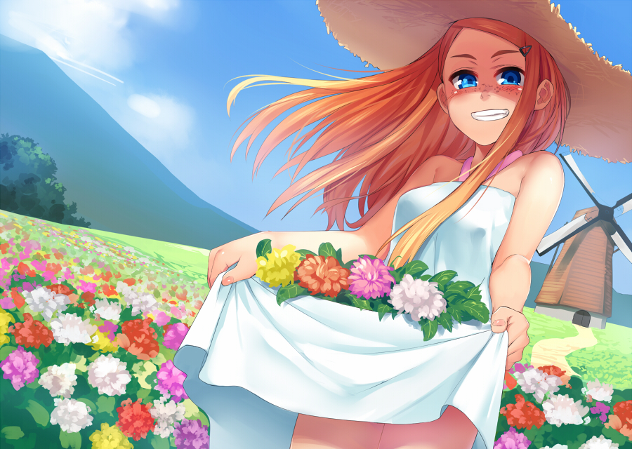 1girl bare_shoulders blue_eyes blue_sky blush breasts clouds commentary_request cowboy_shot day dress dress_lift dutch_angle fang field flower flower_field freckles grass grin hair_ornament hair_over_breasts hairclip hat lifted_by_self long_hair looking_at_viewer medium_breasts mountain nature orange_hair original outdoors shadow skirt_basket sky sleeveless smile solo summer sun_hat sundress trail white_dress wind windmill yamayoshi_tanosuke