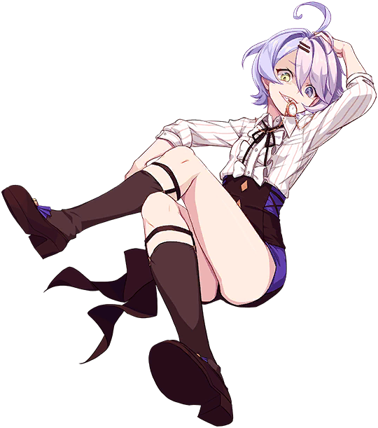 1girl arm_over_head artist_request biting collared_shirt diamond_(shape) full_body garters hair_between_eyes hair_ornament honkai_(series) honkai_impact_3rd looking_at_viewer multicolored_hair neck_ribbon official_art pink_hair pocket_watch purple_hair ribbon sharp_teeth shirt sin_mal sitting sleeves_rolled_up smile source_request striped striped_shirt teeth tomboy two-tone_hair watch