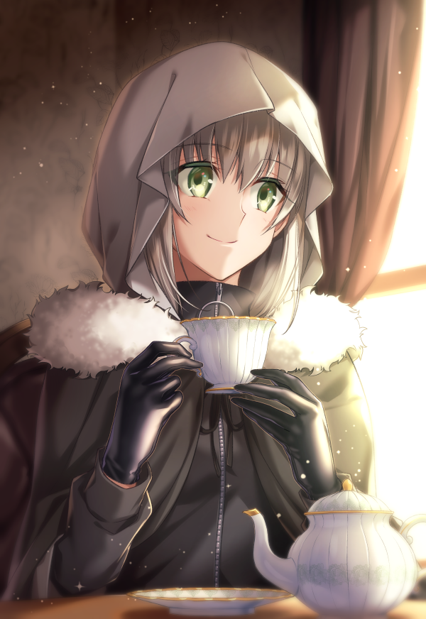 1girl commentary_request cup day eyebrows_visible_through_hair fate_(series) gloves gray_(lord_el-melloi_ii) green_eyes grey_hair hair_between_eyes holding holding_cup hood looking_out_window lord_el-melloi_ii_case_files nina_(pastime) smile solo teacup teapot window