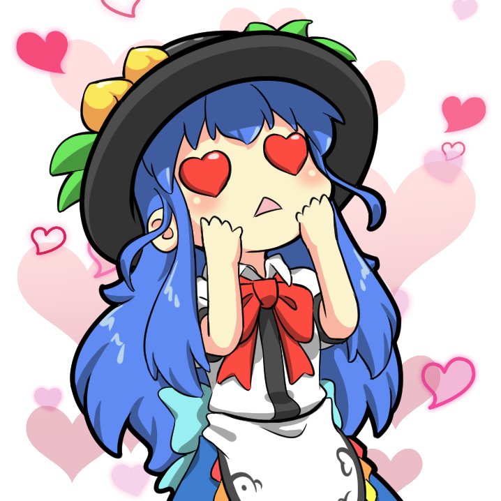 1girl apron aqua_bow aqua_sash bangs black_headwear blouse blue_bow blue_hair blue_sash blue_skirt blush bow bowtie chibi collared_blouse collared_shirt commentary dress_shirt english_commentary facing_up food fruit hands_on_own_face hands_up hat heart heart_background heart_eyes hinanawi_tenshi leaf long_hair open_mouth peach puffy_short_sleeves puffy_sleeves rakkidei red_bow red_neckwear sash shirt short_sleeves sidelocks simple_background skirt solo symbol_commentary touhou triangle_mouth upper_body white_apron white_background white_blouse white_shirt wing_collar