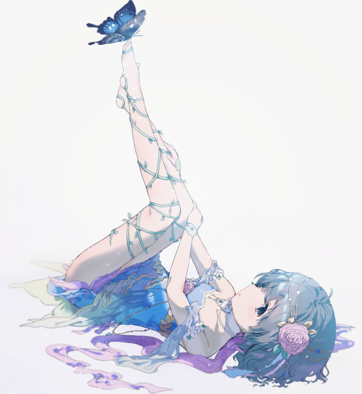 1girl bangs bare_shoulders barefoot blue_dress butterfly_on_foot dress flower full_body grey_hair hair_flower hair_ornament idolmaster idolmaster_cinderella_girls jewelry legs legs_up lying mole mole_under_eye narumiya_yume necklace on_back pearl_necklace plant short_hair simple_background social_kasu_(mob_oji_katu) solo vines white_background wristband