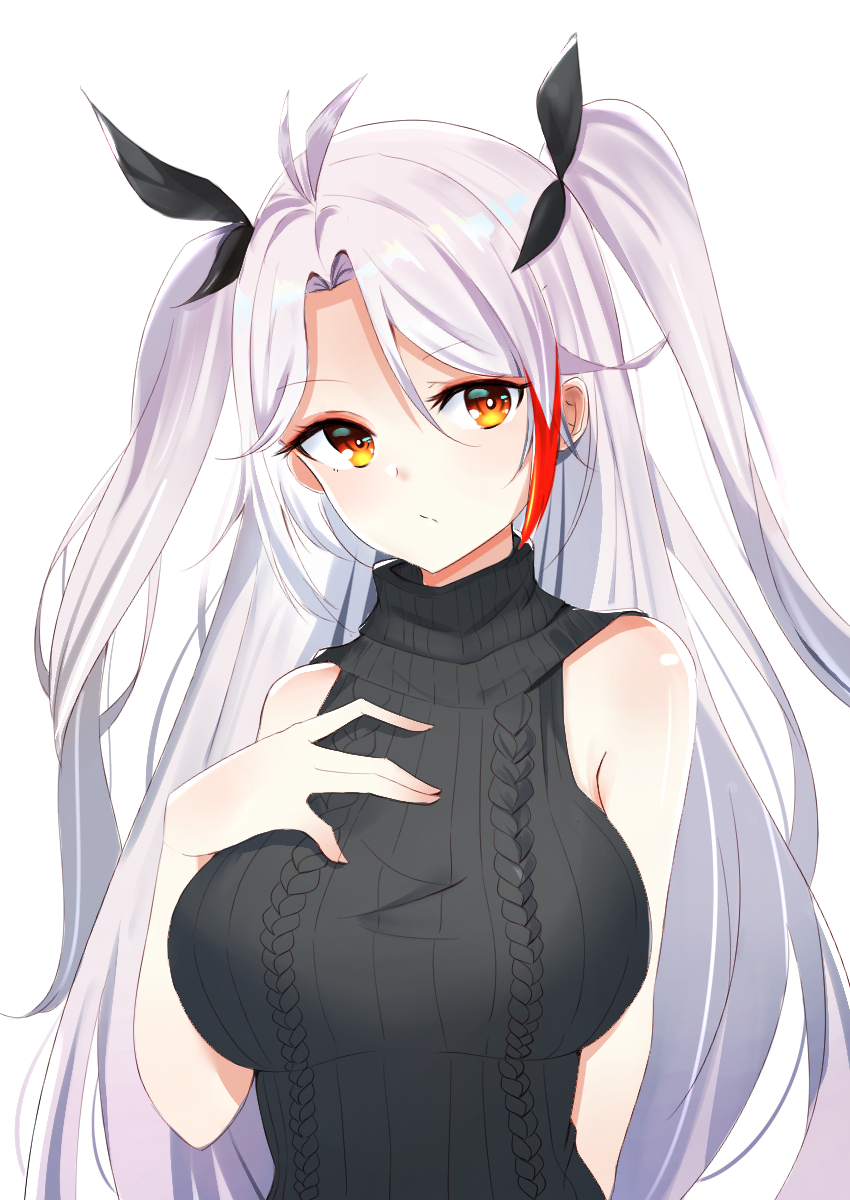 1girl aran_sweater azur_lane bangs bare_shoulders black_ribbon black_sweater breasts brown_eyes dreamoon eyebrows_visible_through_hair hair_between_eyes hair_ribbon hand_on_own_chest head_tilt highres large_breasts looking_at_viewer multicolored_hair prinz_eugen_(azur_lane) redhead ribbon silver_hair simple_background sleeveless_sweater solo streaked_hair sweater swept_bangs turtleneck turtleneck_sweater two_side_up white_background