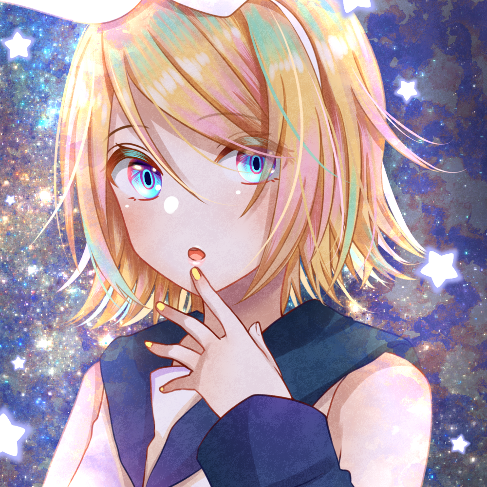 1girl bare_shoulders black_collar black_sleeves blonde_hair blue_eyes collar commentary detached_sleeves hairband hand_on_own_chin kagamine_rin looking_at_viewer nail_polish ponta_(poqpon) sailor_collar shirt short_hair sleeveless sleeveless_shirt solo star_(symbol) starry_background vocaloid white_shirt yellow_nails