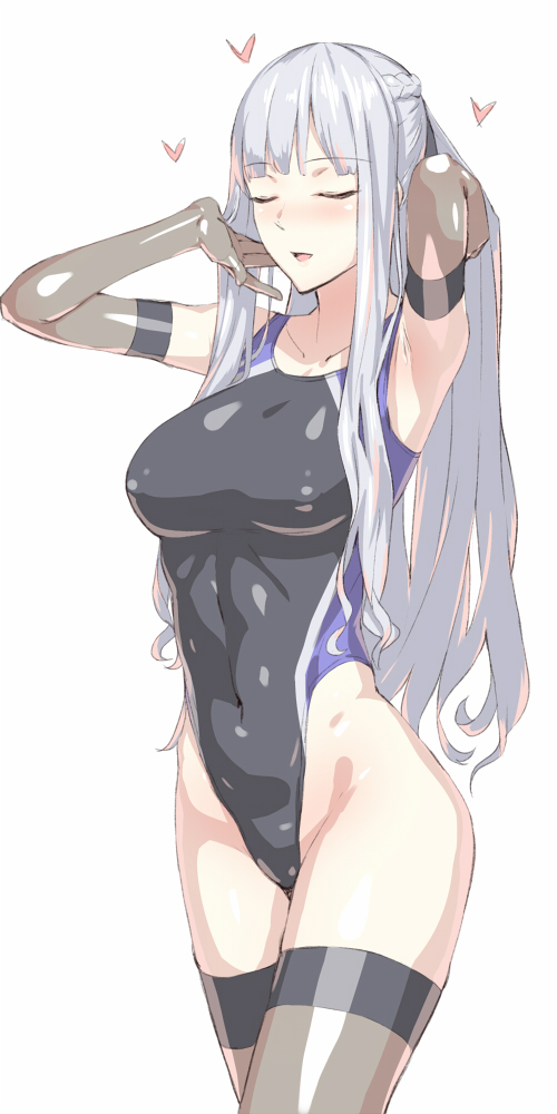 1girl ak-12_(girls_frontline) black_gloves black_legwear black_swimsuit breasts character_request closed_eyes collarbone commentary_request competition_swimsuit copyright_request covered_navel cowboy_shot elbow_gloves girls_frontline gloves highleg highleg_swimsuit kageshio_(276006) long_hair medium_breasts one-piece_swimsuit silver_hair simple_background solo standing swimsuit thigh-highs white_background