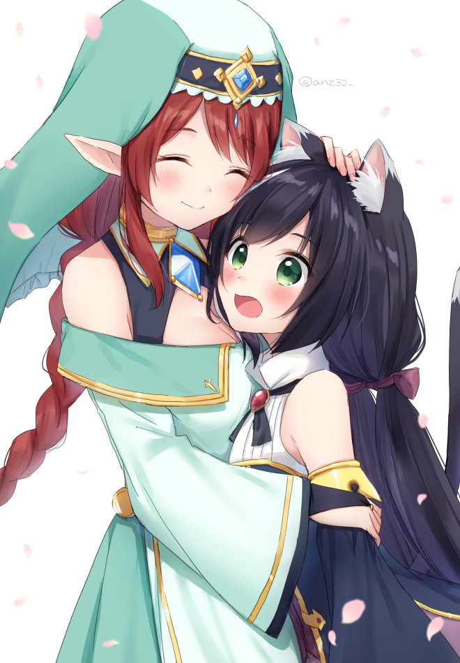 2girls ^_^ animal_ear_fluff animal_ears anz32 bangs bare_shoulders black_hair blue_sleeves blush bow braid brown_hair cat_ears cat_girl cat_tail closed_eyes closed_mouth commentary_request detached_sleeves dress eyebrows_visible_through_hair green_dress green_eyes hair_bow hug karyl_(princess_connect!) long_hair long_sleeves low_twintails misato_(princess_connect!) multiple_girls off-shoulder_dress off_shoulder open_mouth petals petting pointy_ears princess_connect! princess_connect!_re:dive purple_bow shirt simple_background sleeveless sleeveless_shirt tail tail_raised twintails twitter_username veil very_long_hair white_background white_shirt wide_sleeves
