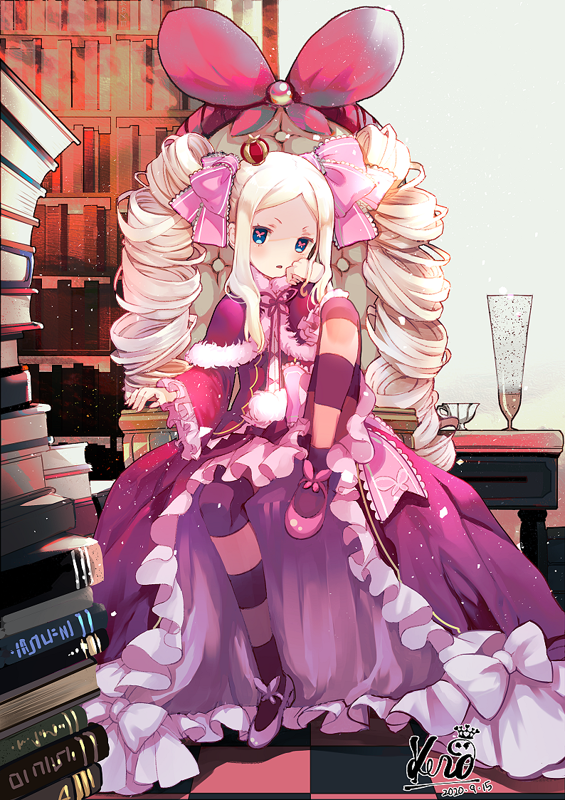 1girl bangs beatrice_(re:zero) blonde_hair blush book_stack bow capelet checkered checkered_floor commentary_request crown cup dated dress drill_hair forehead frilled_dress frilled_sleeves frills fur-trimmed_capelet fur_trim grey_background hair_bow hand_up kero_sweet knee_up library long_hair long_sleeves looking_at_viewer mini_crown pantyhose parted_bangs parted_lips pink_bow pink_footwear purple_capelet purple_dress re:zero_kara_hajimeru_isekai_seikatsu shoes sidelocks signature sitting sleeves_past_wrists solo striped striped_legwear symbol-shaped_pupils tilted_headwear twin_drills v-shaped_eyebrows very_long_hair wide_sleeves