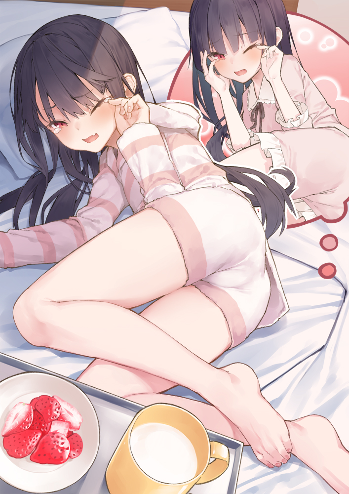 1girl ass bangs barefoot black_hair blush commentary_request cup food fruit hair_between_eyes long_hair looking_at_viewer lying messy_hair milk multiple_views on_bed on_side one_eye_closed open_mouth original pajamas red_eyes shorts sleepwear strawberry sweater thighs thought_bubble toenails tokuno_yuika tray waking_up wiping_eyes