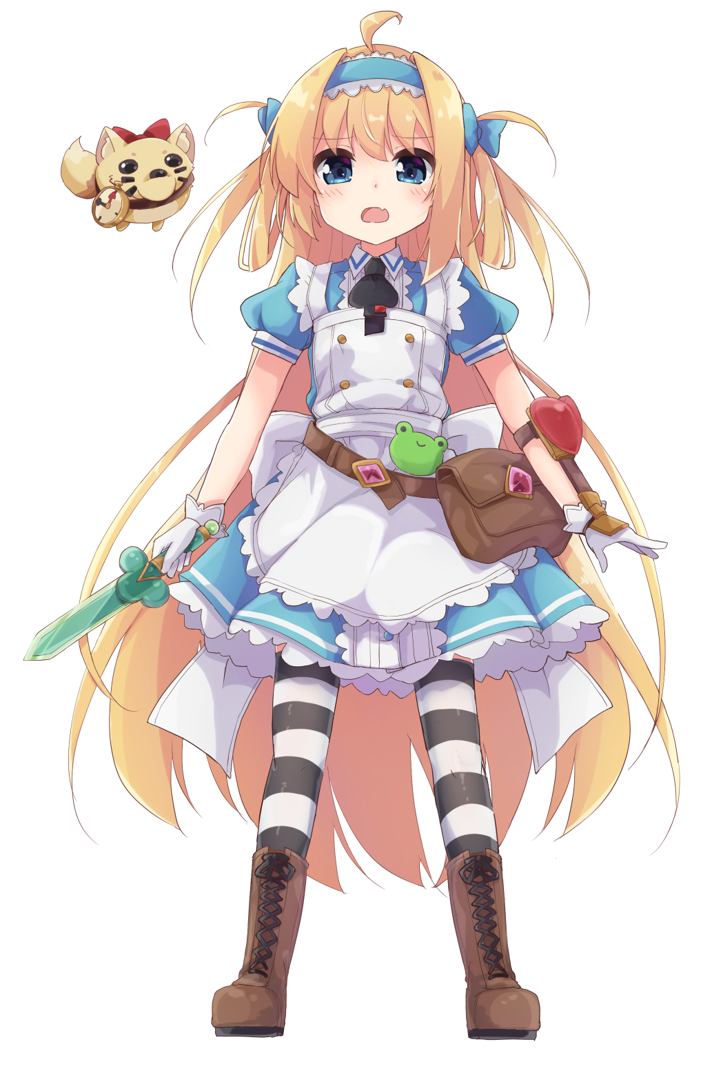 1girl ahoge apron bag blonde_hair blue_bow blue_dress blue_hairband blush boots bow brown_footwear collared_dress commentary_request cross-laced_footwear dress fang full_body gloves hair_bow hair_rings hairband highres holding holding_sword holding_weapon lace-up_boots looking_at_viewer maid_apron open_mouth original pleated_dress puffy_short_sleeves puffy_sleeves short_sleeves short_sword simple_background solar_milk solo standing striped striped_legwear sword thigh-highs weapon white_apron white_background white_gloves