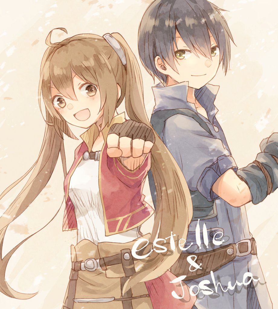 1boy 1girl :d black_hair brown_eyes brown_hair character_name clenched_hand closed_mouth commentary_request eiyuu_densetsu estelle_bright fingerless_gloves gloves hair_between_eyes joshua_bright long_hair looking_at_viewer open_mouth short_hair smile sora_no_kiseki standing tukimisou0225 twintails yellow_eyes