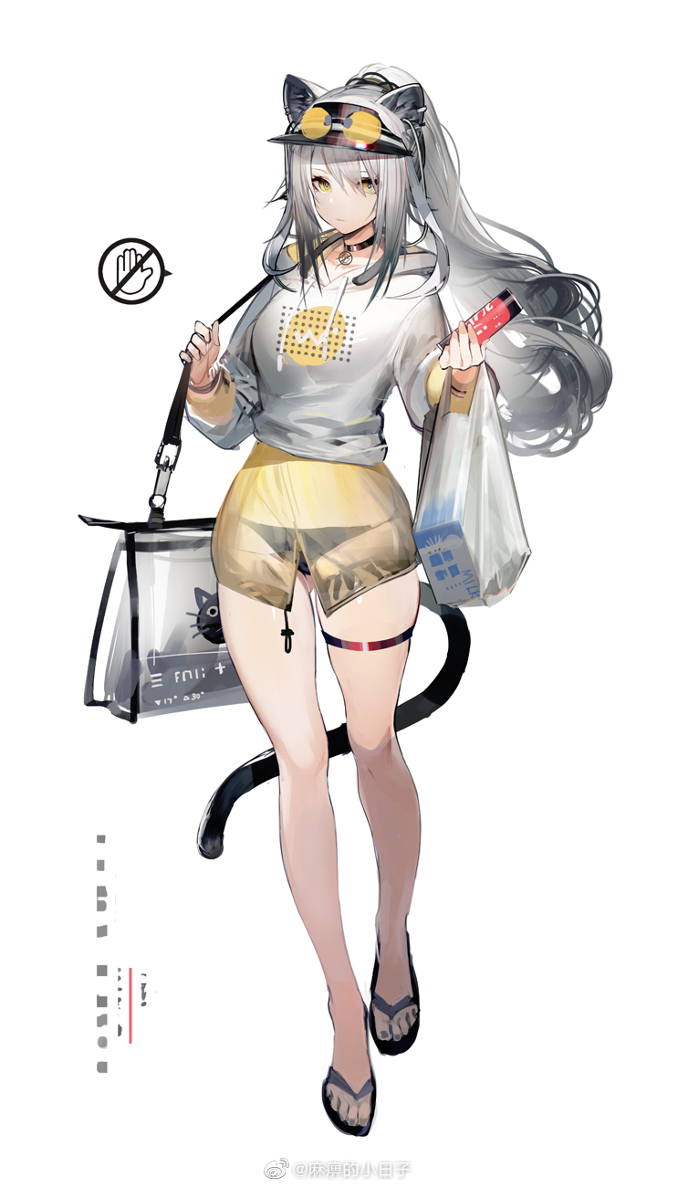 1girl alternate_costume animal_ears arknights ass_visible_through_thighs bag bare_legs bikini bikini_bottom breasts bright_pupils cat_ears cat_tail choker earrings eyewear_on_head flip-flops full_body hair_between_eyes highres hood hooded_sweater hoodie hoop_earrings jewelry liduke long_hair looking_at_viewer medium_breasts multiple_earrings ponytail sandals schwarz_(arknights) see-through shopping_bag shoulder_bag sidelocks silver_hair simple_background solo standing sunglasses sweater swimsuit tail thighlet visor_cap weibo_username white_background yellow_eyes