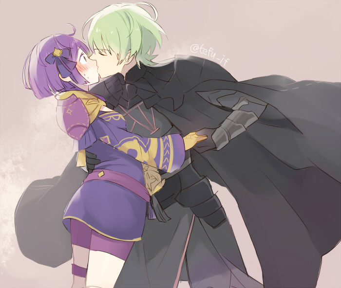 1boy 1girl armor bernadetta_von_varley bike_shorts black_gloves byleth_(fire_emblem) byleth_eisner_(male) closed_eyes dress fire_emblem fire_emblem:_three_houses from_side gloves green_hair hair_ornament kiss long_sleeves purple_hair short_dress short_hair simple_background tefutene twitter_username yellow_gloves