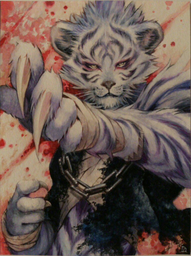 1boy bandaged_hands bandages blood blood_splatter chain claws furry hoshizaki_reita looking_at_viewer male_focus original photo signature slit_pupils solo tiger traditional_media upper_body white_tiger yellow_eyes