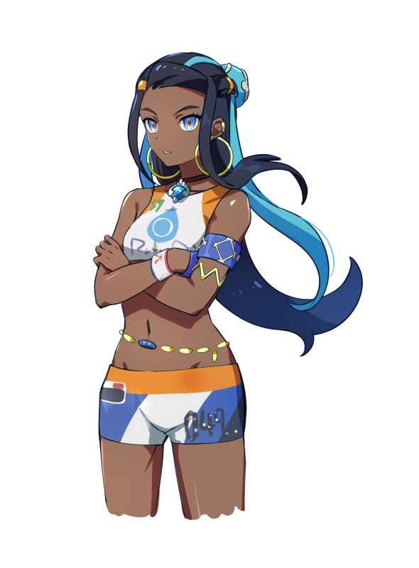 1girl armlet belly_chain bike_shorts black_hair blue_eyes blue_eyeshadow commentary_request crossed_arms dark_skin dynamax_band earrings eyeshadow gloves gym_leader hair_bun hoop_earrings hsin jewelry long_hair makeup multicolored_hair nessa_(pokemon) number pokemon pokemon_(game) pokemon_swsh single_glove solo two-tone_hair white_background