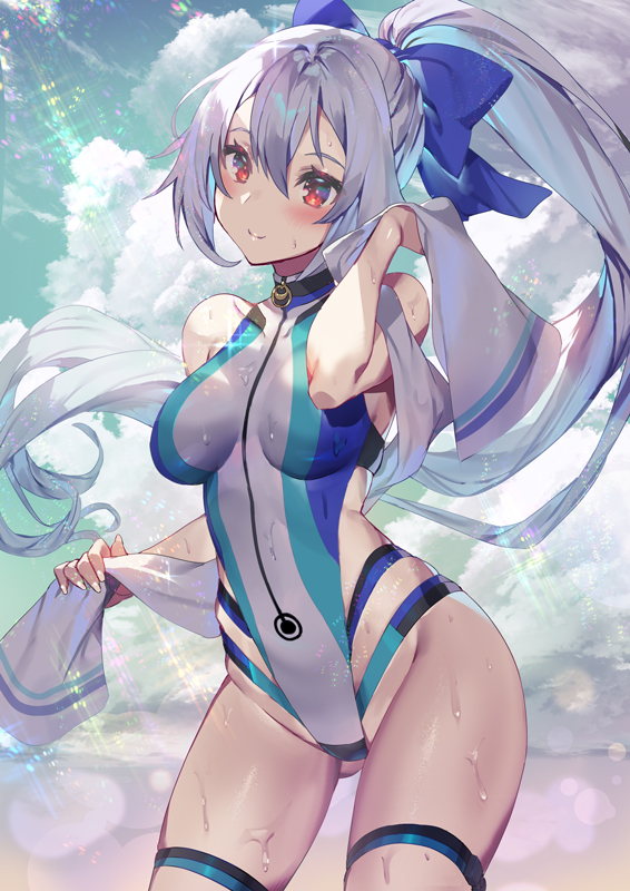 1girl ass_visible_through_thighs bangs bare_hips bare_shoulders blue_bow blue_sky blurry blush bokeh bow breasts closed_mouth clouds cloudy_sky commentary_request competition_swimsuit contrapposto covered_collarbone cowboy_shot cumulonimbus_cloud day depth_of_field fate/grand_order fate_(series) hair_between_eyes hair_bow head_tilt high_ponytail lens_flare long_hair looking_at_viewer medium_breasts multicolored multicolored_clothes multicolored_swimsuit one-piece_swimsuit outdoors ponytail red_eyes silver_hair skindentation sky smile solo sparkle sweat swimsuit thigh_strap thighs tomoe_gozen_(fate/grand_order) towel very_long_hair wet yoshimoto_(dear_life)