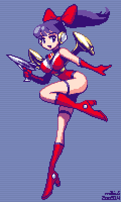 blue_eyes blue_hair breasts energy_gun gloves gun high_heels holding holding_gun holding_weapon jetpack large_breasts leg_up leotard looking_to_the_side lowres mabius open_mouth original pixel_art ray_gun red_gloves skin_tight solo weapon