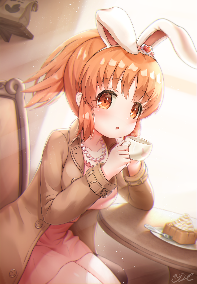 1girl :o abe_nana animal_ears arm_support breasts brown_coat brown_eyes brown_hair cake coat collarbone cup dress eyebrows_visible_through_hair fake_animal_ears food headband highres idolmaster idolmaster_cinderella_girls idolmaster_cinderella_girls_starlight_stage j2l jewelry large_breasts long_sleeves looking_at_viewer necklace open_mouth pearl_necklace pink_dress ponytail rabbit_ears restaurant short_hair sidelocks sitting solo teacup trench_coat window