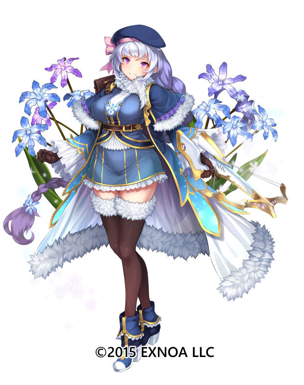 1girl beret black_gloves black_legwear blue_capelet blue_coat blue_dress blue_footwear blue_headwear bow bow_(weapon) braid breasts capelet chionodoxa_(flower_knight_girl) closed_mouth coat commentary_request crossbow disconnected_mouth dress flower flower_knight_girl frilled_skirt frills full_body gloves gradient_hair grey_hair hat hat_bow holding holding_weapon large_breasts long_hair multicolored_hair object_namesake official_art pink_bow purple_hair shoes simple_background single_braid skirt smile solo standing thigh-highs usuki_(graygreed) violet_eyes weapon white_background zettai_ryouiki