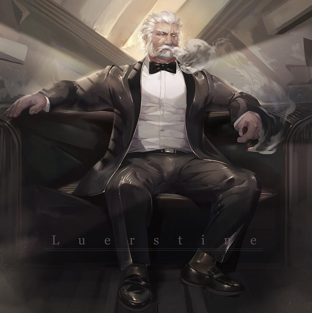 1boy black_bow black_footwear black_pants bow bowtie chair cigar formal heterochromia indoors long_sleeves luer_qing male_focus overwatch pants reinhardt_(overwatch) scar scar_across_eye shoes sitting smoking solo suit yellow_eyes