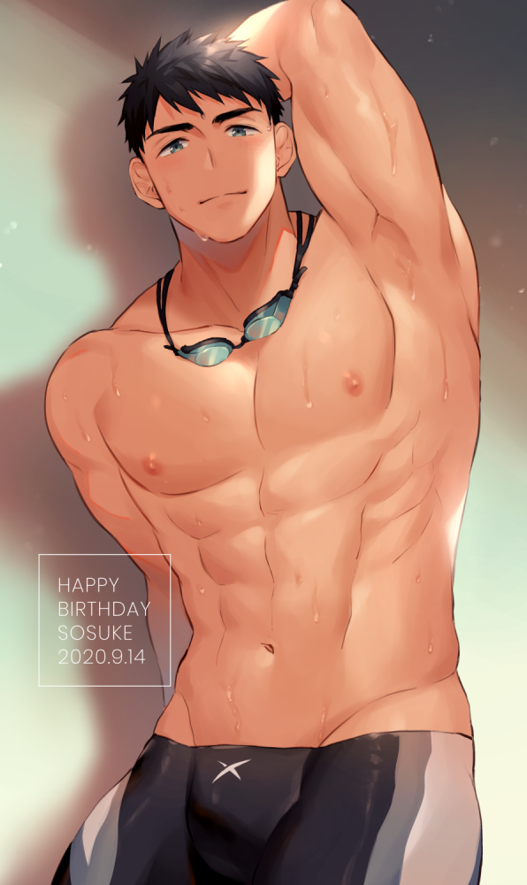 1boy abs armpits bara black_hair bulge chest cowboy_shot free! goggles goggles_around_neck green_eyes hand_on_head haozz legskin male_focus male_swimwear muscle navel nipples pectorals short_hair smile swimwear yamazaki_sousuke