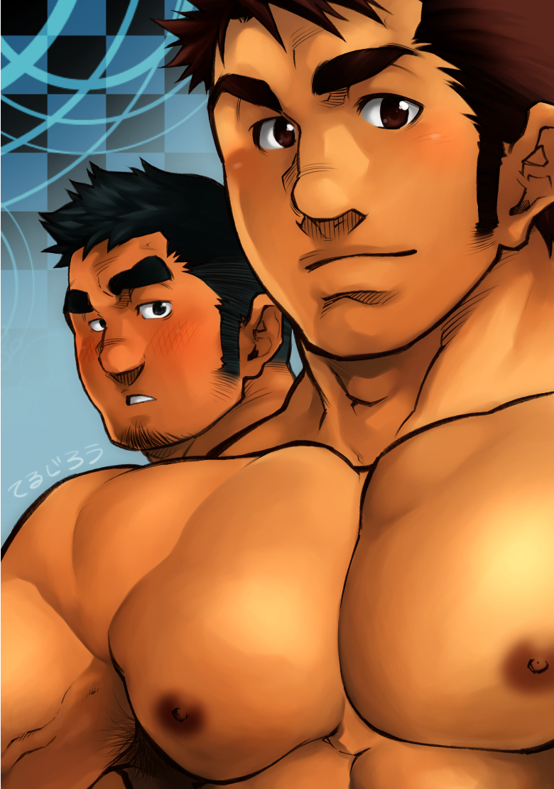 2boys abs bara black_eyes blush brown_eyes brown_hair chest facial_hair looking_at_another male_focus manly masateruteru multiple_boys muscle nipples original pectorals shirtless short_hair sideburns stubble thick_eyebrows