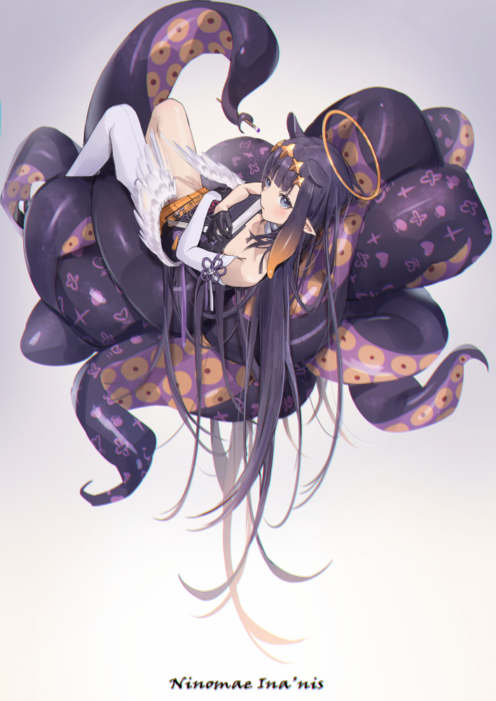 1girl book character_name gloves grey_eyes hair_ornament halo holding holding_book hololive hololive_english long_hair lying mamemena ninomae_ina'nis octopus on_back pointy_ears shoes single_thighhigh solo star_(symbol) star_hair_ornament tentacles thigh-highs very_long_hair white_legwear