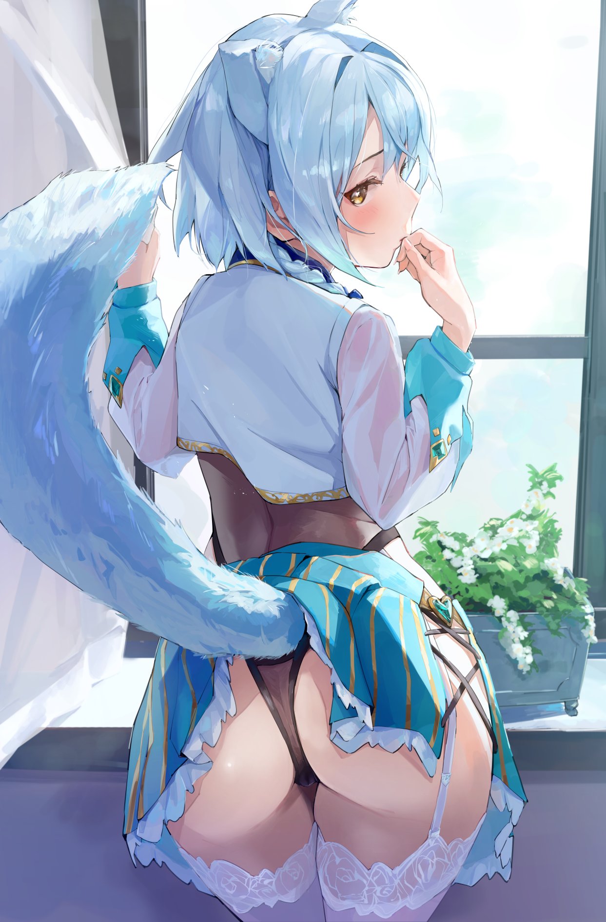 1girl animal_ear_fluff animal_ears aqua_hair ass brown_eyes character_request check_copyright commentary_request copyright_request cowboy_shot cross-laced_clothes cross-laced_skirt curtain_grab curtains finger_to_mouth from_behind garter_straps highres looking_back medium_hair musunde_hiraite_(mh5jta) plant red:pride_of_eden shiny shiny_skin skirt solo striped striped_skirt tail thigh-highs white_legwear window