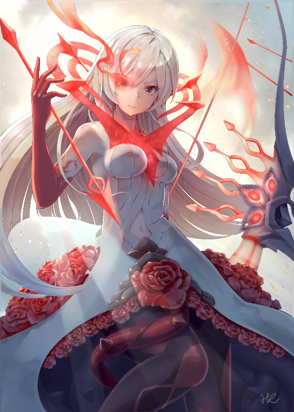 1girl arrow_(projectile) bare_shoulders between_breasts black_legwear blue_eyes bow_(weapon) breasts clouds dress flower glowing glowing_eye hair_between_eyes half-nightmare holding holding_arrow holding_bow_(weapon) holding_weapon hoshizaki_reita light_rays long_hair navel navel_cutout rain_of_arrows red_flower red_rose red_skin rose signature sinoalice sky snow_white_(sinoalice) solo thorns weapon white_dress white_hair