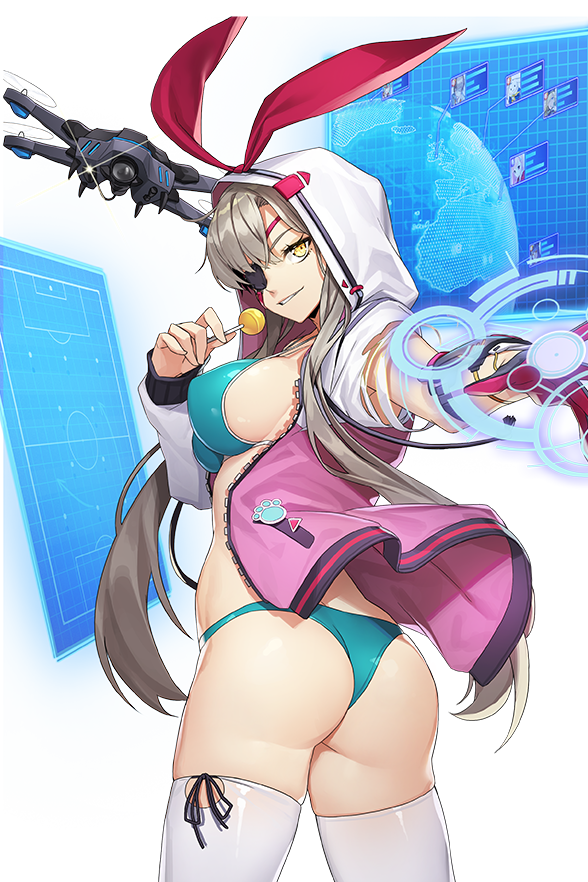 1girl animal_ears animal_hood ass bikini blonde_hair blue_bikini breasts candy dr._oz_(soccer_spirits) drone eyepatch food from_behind grin holographic_monitor hood jacket lollipop long_hair looking_at_viewer medium_breasts official_art paw_print rabbit_ears shiny shiny_clothes shiny_skin smile soccer_spirits swimsuit thigh-highs thong vakasatang very_long_hair yellow_eyes