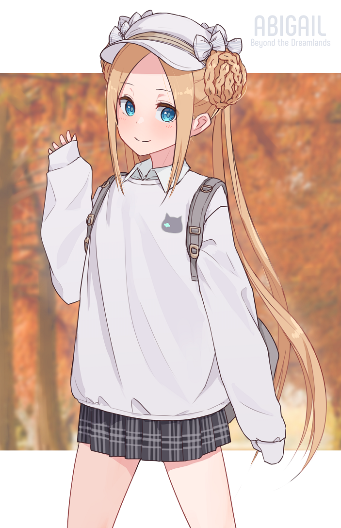 1girl abigail_williams_(fate/grand_order) backpack bag bangs black_skirt blonde_hair blue_eyes blush braid braided_bun breasts character_name closed_mouth contemporary double_bun fate/grand_order fate_(series) forehead kopaka_(karda_nui) long_hair long_sleeves looking_at_viewer parted_bangs skirt small_breasts smile sweater thighs white_headwear white_sweater