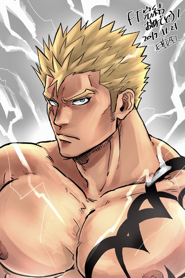 1boy bara blonde_hair blue_eyes chest chun_(luxtan) cropped_torso fairy_tail laxus_dreyar lightning looking_at_viewer male_focus muscle nipples pectorals scar shirtless short_hair sideburns solo tattoo upper_body