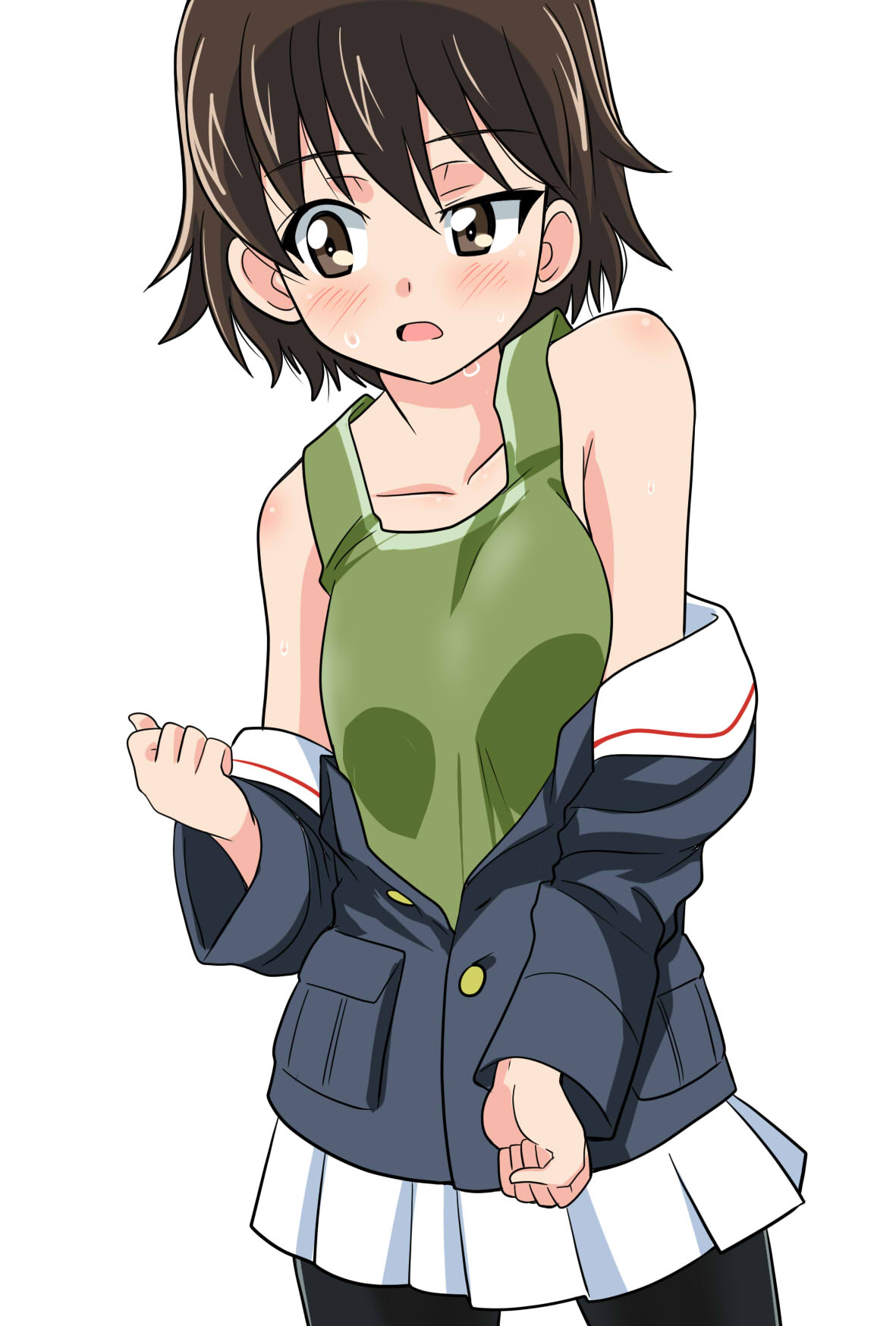 1girl bangs bike_shorts black_shorts blue_jacket blush brown_eyes brown_hair commentary eyebrows_visible_through_hair girls_und_panzer green_shirt half-closed_eye highres isobe_noriko jacket jacket_pull long_sleeves looking_away military military_uniform miniskirt ooarai_military_uniform open_mouth pleated_skirt shirt short_hair shorts shorts_under_skirt skirt solo standing sweat tank_top undressing uniform wakku_kan white_skirt