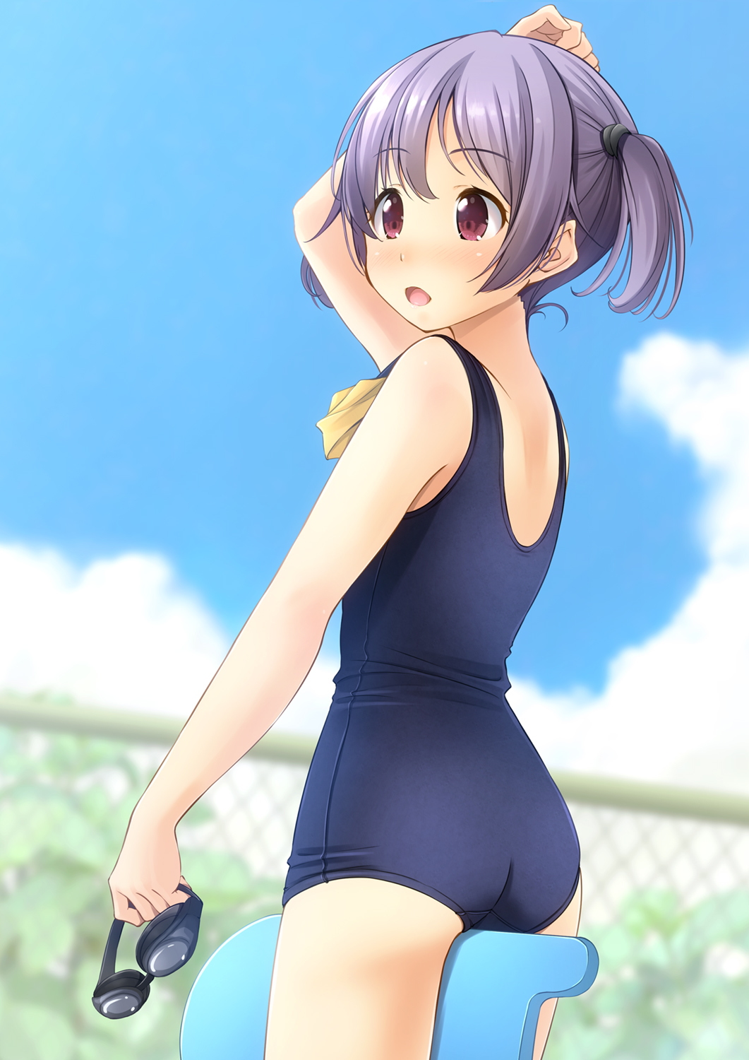 1girl ass between_thighs blue_sky blurry blush chain-link_fence clouds commentary_request cowboy_shot day depth_of_field fence goggles goggles_removed highres kickboard open_mouth original outdoors poolside purple_hair red_eyes school_swimsuit shibacha short_hair sky solo swim_cap_removed swimsuit twintails