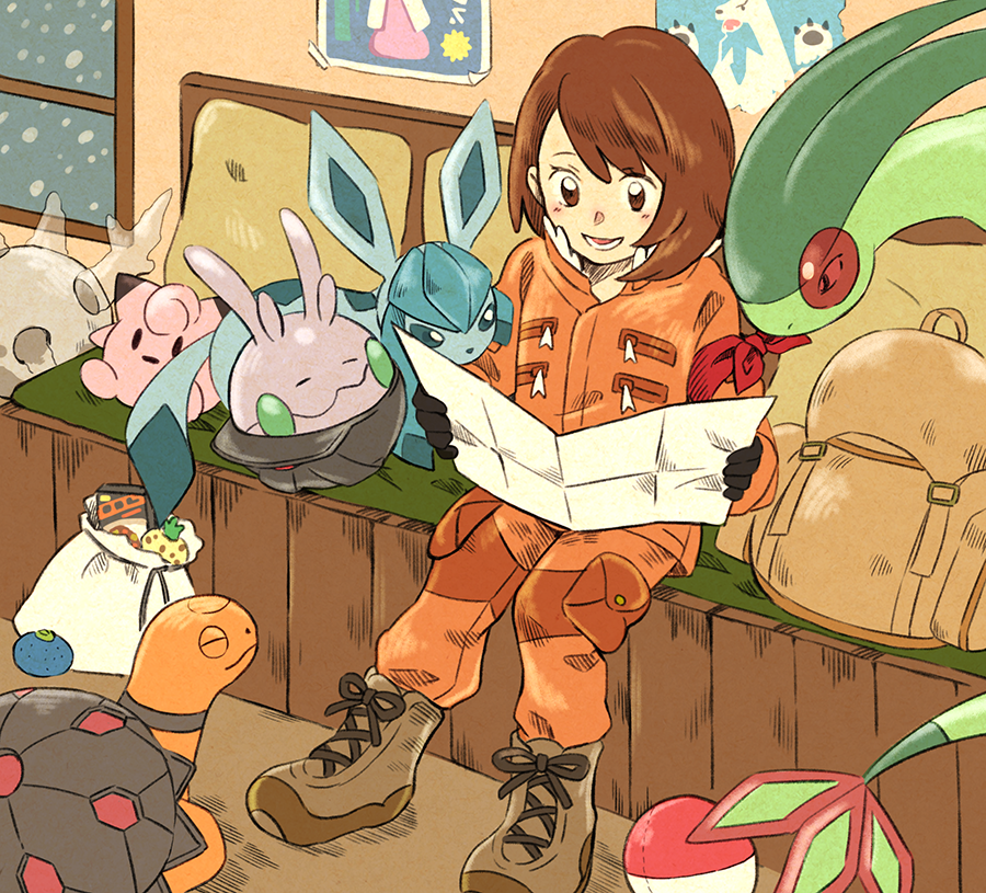 1girl backpack bag bangs beartic berry_(pokemon) blush boots brown_eyes brown_footwear brown_hair character_doll clefairy commentary_request couch flygon gen_1_pokemon gen_3_pokemon gen_4_pokemon gen_5_pokemon gen_6_pokemon glaceon gloria_(pokemon) goomy holding holding_paper indoors jacket long_sleeves looking_down matsuri_(matsuike) open_mouth oran_berry orange_jacket orange_pants paper pokemon pokemon_(game) pokemon_swsh poster_(object) sack short_hair sitrus_berry sitting snowing swept_bangs teeth tongue torkoal window